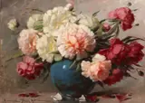 Adrienn Deák, Mrs. Hencz, Still life with peonies in a blue vase, oil on canvas