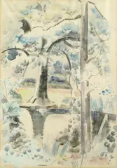 Paul Nash, Landscape with pond, 1925, watercolor, charcoal and pencil on paper