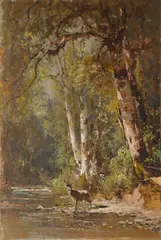 Deer by a stream by Thomas Hill, oil on paper affixed to board, sold Nov 2013