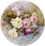 Franz Bischoff, Large charger with a glass bowl of pink and yellow roses, 1900, porcelain