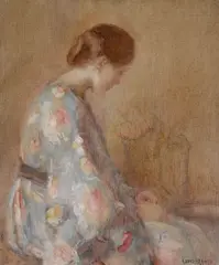 Clarence K. Hinkle, Seated woman in a blue kimono, oil on canvas