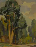 Franz Bischoff, Cabin amongst the eucalyptus, oil on paper affixed to board