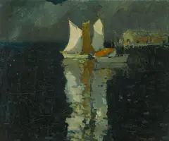 Three sails reflected by Thomas Lorraine Hunt, 1926, oil on canvas, sold Nov 2013