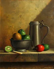 Loran Loyal Speck, Fruit with tankard, oil on masonite