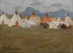 Frank Tenney Johnson, Indian village with teepees, 1912, oil on board