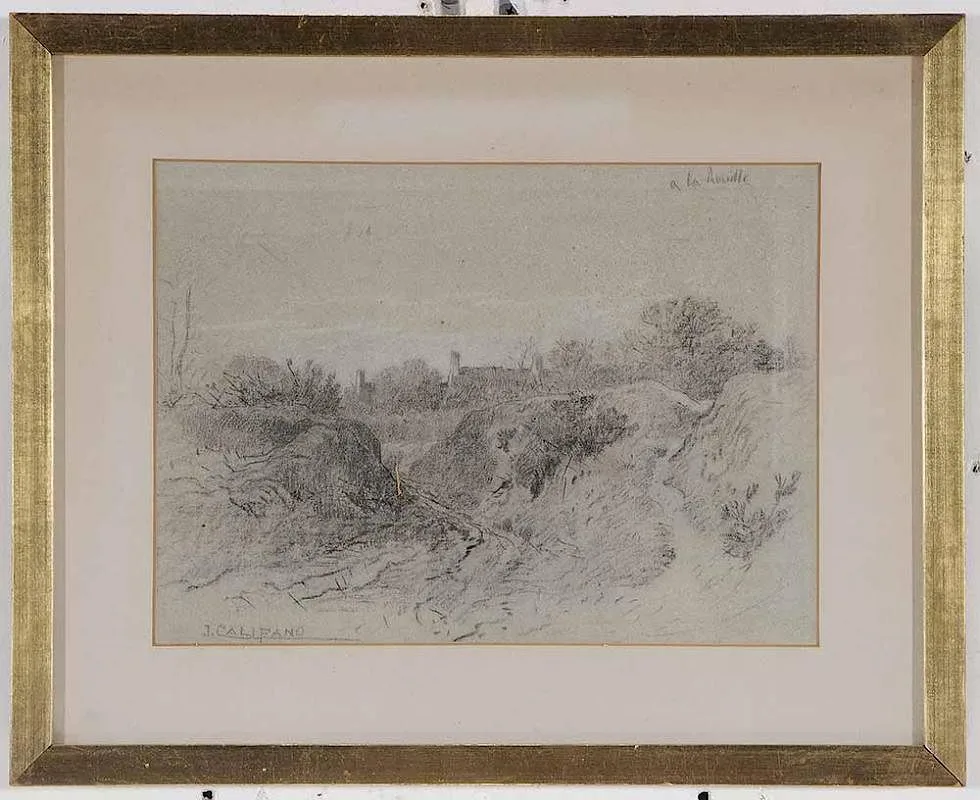 French Landscape by John Califano, charcoal on blue paper, sold Mar 2017