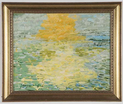 Johannes Schiefer, Lily Pads at Sunset, oil on canvas board