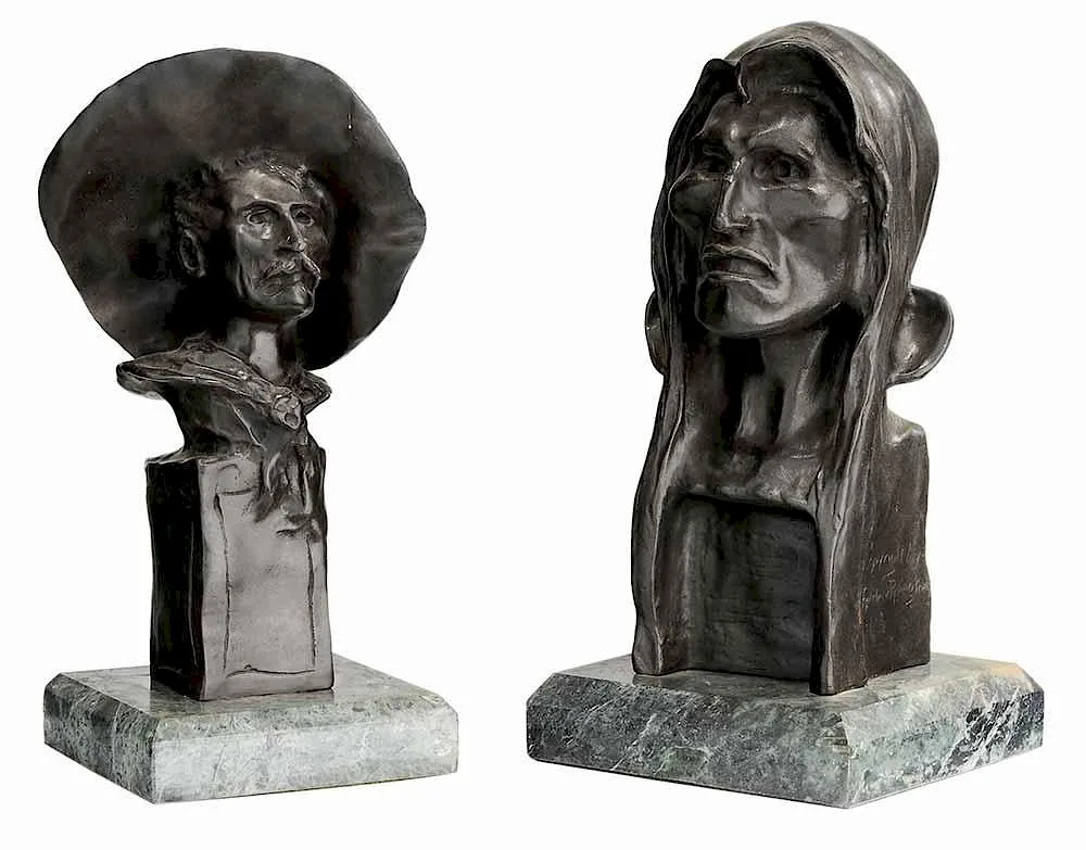 Two aftercasts: The Sergeant by Frederick Remmington, patinated bronze on green marble base, sold Dec 2016
