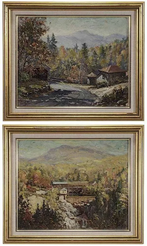 Glenn C. Sheffer, A pair of autumn landscapes with covered bridges, oil on canvas