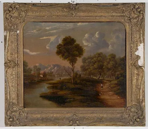 George Cole, landscape with figures fishing and walking, spurious signature "Geo Cole, oil on canvas