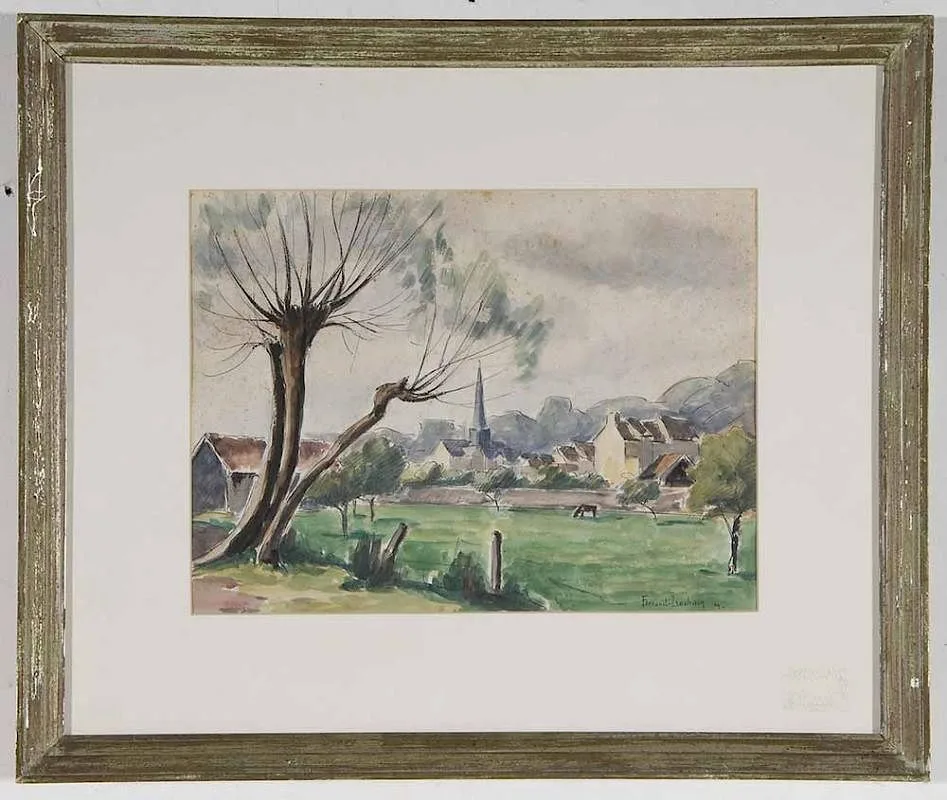 Jean Fernand Trochain, landscape with village, watercolor on paper