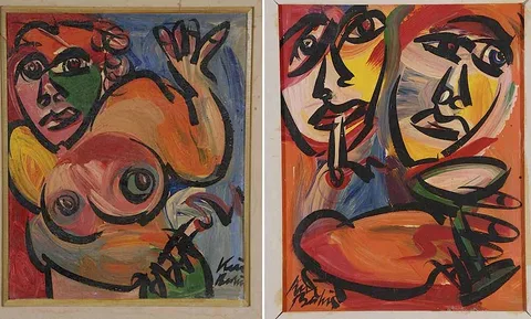 Peter Kiel, two abstract figural compositions, both signed "Kiel Berlin", one a nude, oil on fiberboard