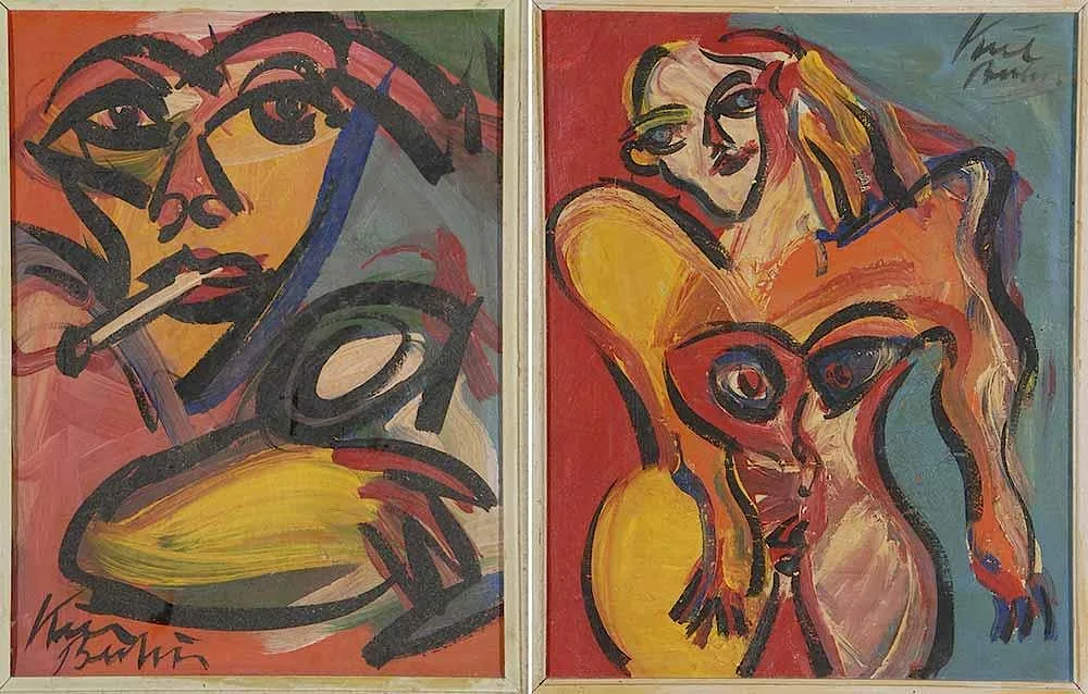 two abstract figural compositions, both signed "Kiel Berlin by Peter Kiel, both oil on canvas, sold Dec 2016