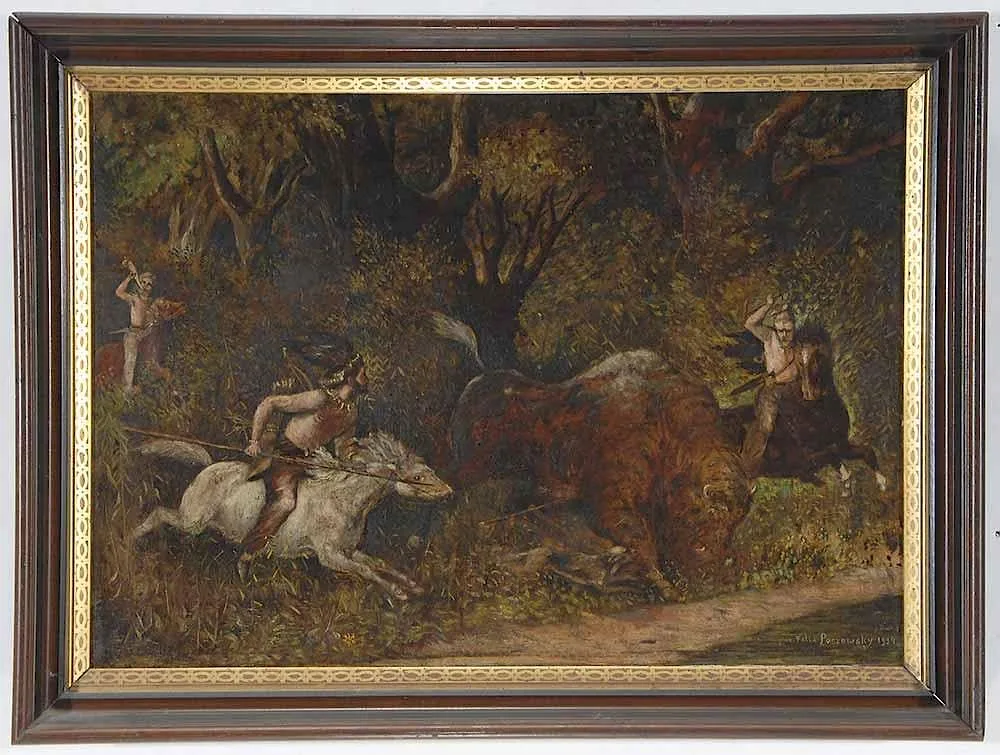 Felix Paszowsky, Buffalo Hunt, 1934, oil on fiberboard