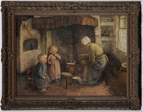 Eugène Mulertt, Dutch kitchen interior scene, oil on canvas