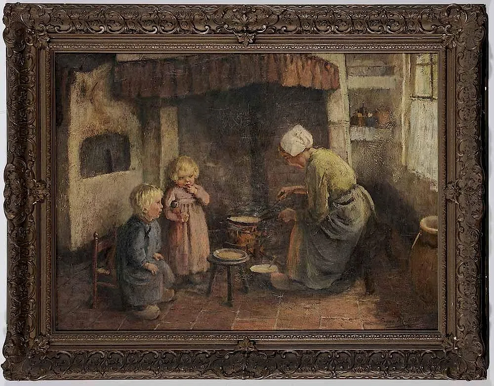 Eugène Mulertt, Dutch kitchen interior scene, oil on canvas