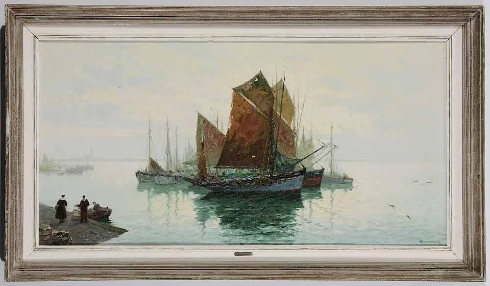 Lucien Bessonnat, Boats in a Harbor, oil on canvas