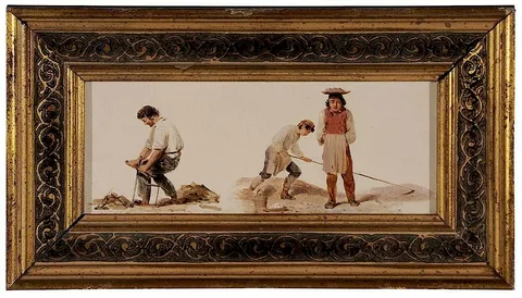 John Gadsby Chapman, Men Working, estate stamp #JGCE-106, wax seals and pencil sketches verso, oil on artist board
