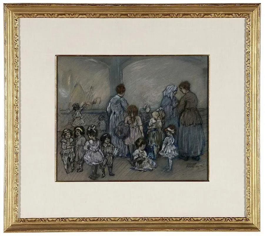 Jerome Myers, Women and Children, pastel on brown paper