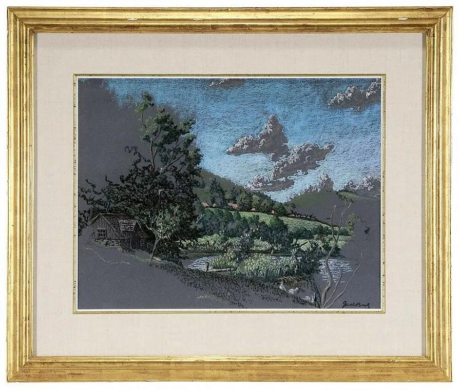 Jack Beal, Landscape, 1980, pastel on steel blue paper