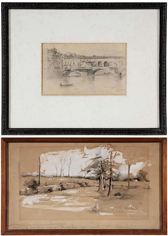 Isabel B. Temple, Two sketches: [Ponte Vecchio], pencil, watercolor