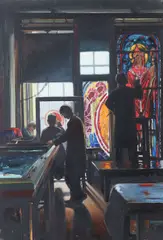 Richard King, Apprentices At Work, Stained Glass Studio, Dublin, Oil on steel