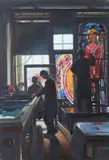 Richard King, Apprentices At Work, Stained Glass Studio, Dublin, Oil on steel