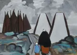 Shawlies Strolling To The Harbour by Markey Robinson, Gouache on board, sold Mar 2025