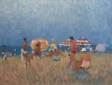 Desmond Carrick, Man In A Beach Chair Looking At Bathers, Oil on canvas panel