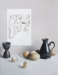 Still Life Eggs by Liam Belton, Acylic on board, sold Mar 2025
