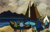 Launching The Currach, Donegal by Markey Robinson, Gouache on board, sold Mar 2025