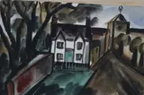 Norah McGuinness, Rural House And Church, Gouache
