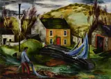 Norah McGuinness, Drying Nets, Dunmore, Oil on board
