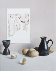 Still Life Eggs by Liam Belton, Acylic on board, sold Nov 2024