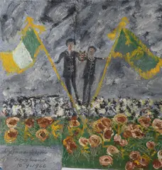James Dixon, Figures With Flags, Oil on paper laid on board
