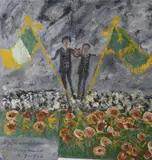 James Dixon, Figures With Flags, Oil on paper laid on board