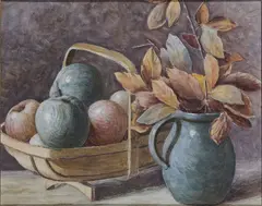 John Luke, Still Life Of A Vase And Basket Of Apples, Watercolour