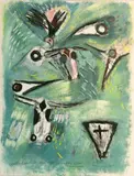 Cattle, Crows, Ancient Monument And Willows In Summer by Tony O'Malley, Oil on paper, sold Mar 2024