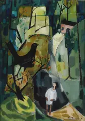 Norah McGuinness, Blackbird And Girl In A Landscape With Cottage, Oil on canvas