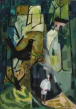 Norah McGuinness, Blackbird And Girl In A Landscape With Cottage, Oil on canvas