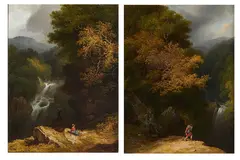 James Arthur O'Connor, Wicklow Landscape With Picnic / Last Of The Clan (A Pair), Oil on panel