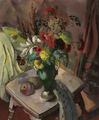 Joan Jameson, Still Life, OF FLOWERS IN A VASE AND APPLES ON A TABLE Oil on canvas