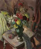 Joan Jameson, Still Life, OF FLOWERS IN A VASE AND APPLES ON A TABLE Oil on canvas