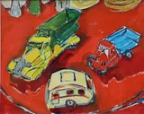 Elizabeth Cope, Toy Trucks, Oil on paper laid on board