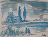 Study Of A Walking Couple by Markey Robinson, Oil and pen on paper, sold Dec 2023