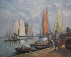 L. Richards, Continental Harbour Scene, Oil on canvas
