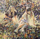 Figures Against Evening Light by Arthur K. Maderson, Oil on board, sold Dec 2023