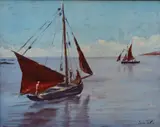 Ivan Sutton, Galway Hookers Setting Sail Off Kinvard, Co. Galway, Oil on board