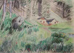 David Webb, Looking Towards A House From The Garden, Crayon
