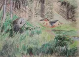 David Webb, Looking Towards A House From The Garden, Crayon